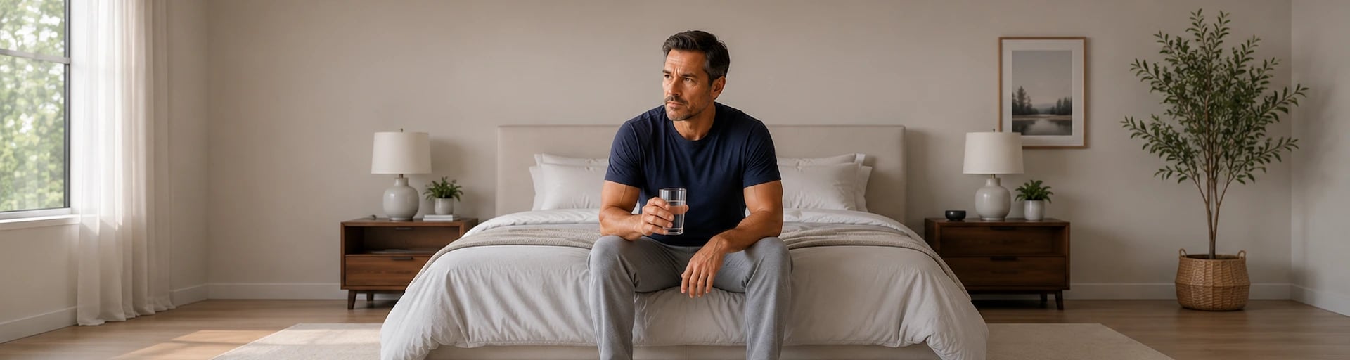 Ein Mann sitzt auf dem Bett und denkt nach