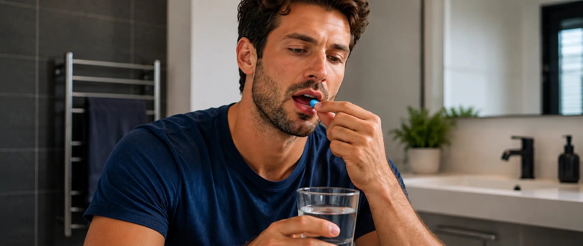 Ein gutaussehender Mann, der Viagra mit einem Glas Wasser einnimmt