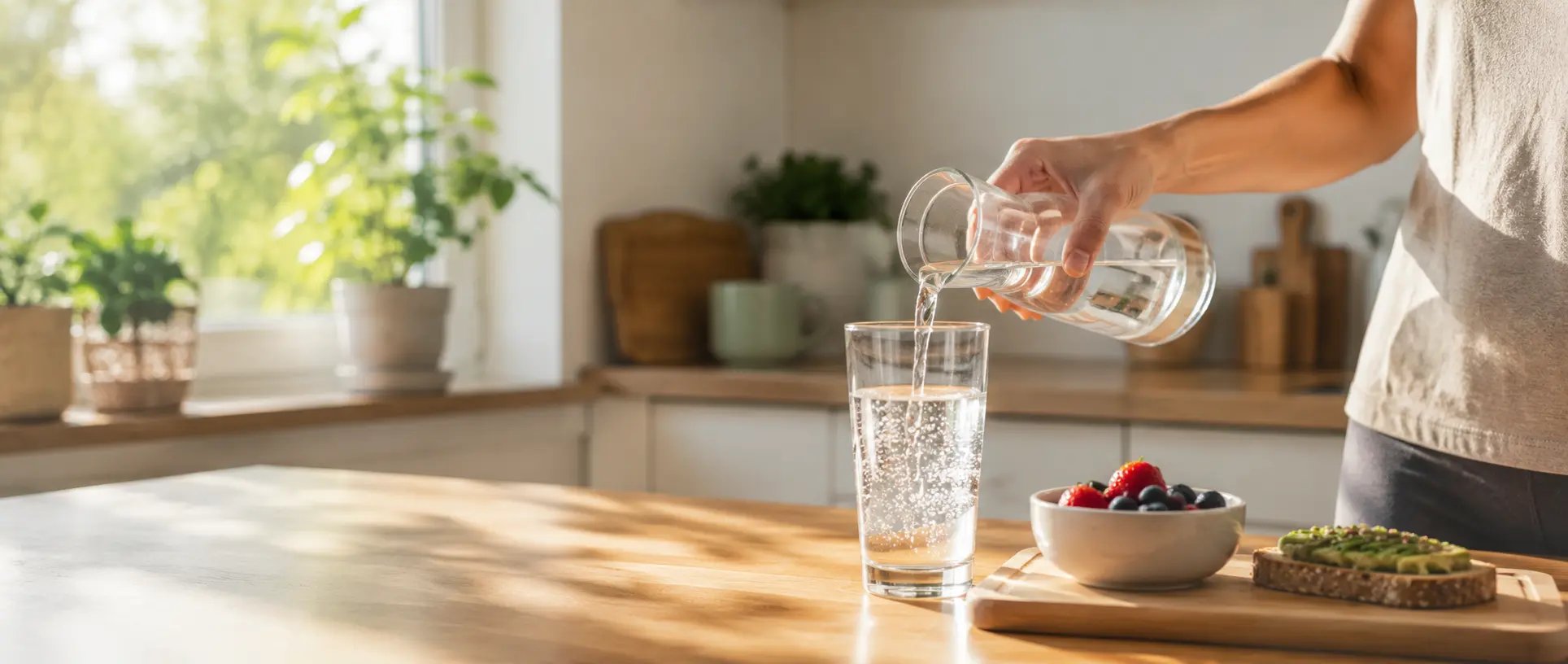 Une personne verse de l&rsquo;eau dans un verre dans une cuisine ensoleill&eacute;e
