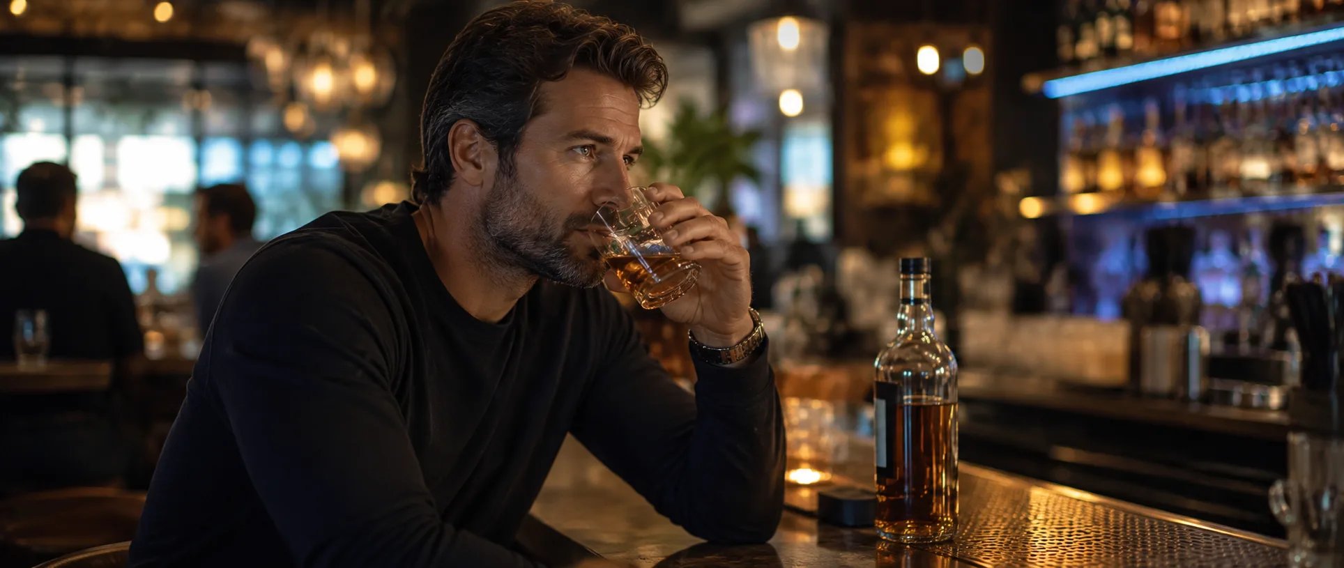 En man som dricker p&aring; en bar