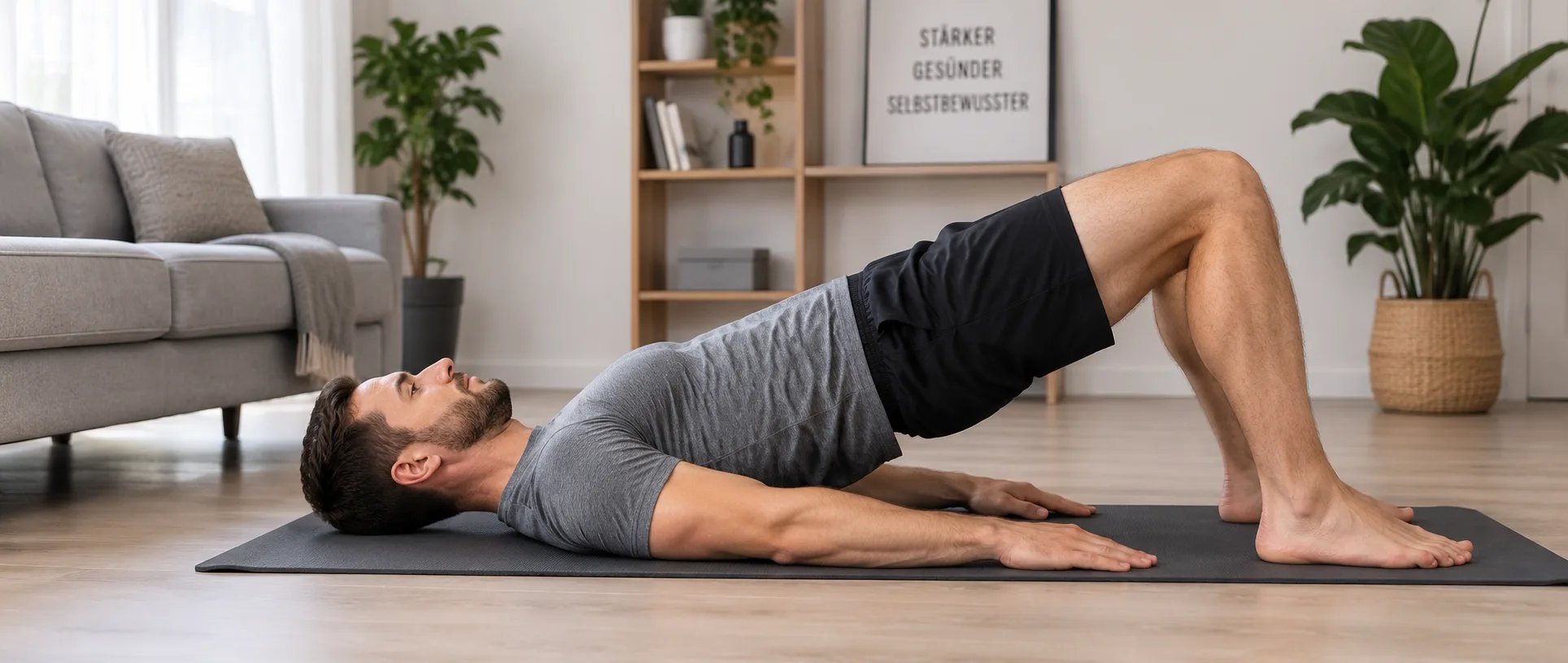 Mann macht eine Beckenboden&uuml;bung auf einer Trainingsmatte im Wohnzimmer