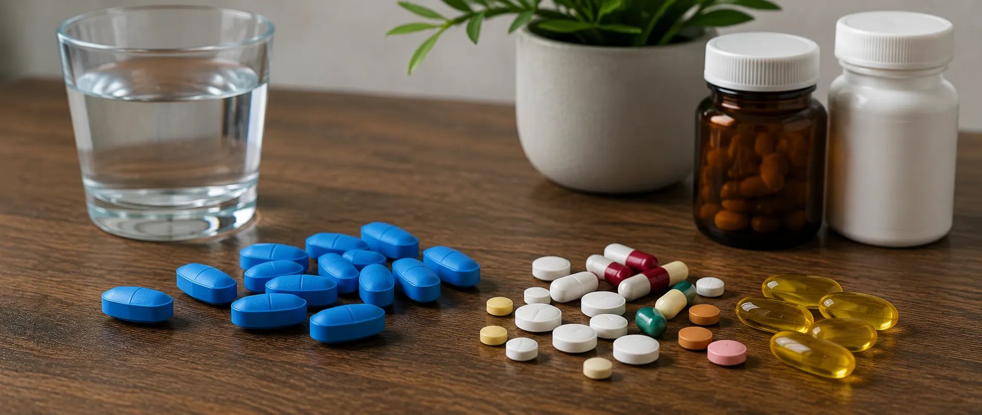 a bunch of different pills on the table&nbsp;