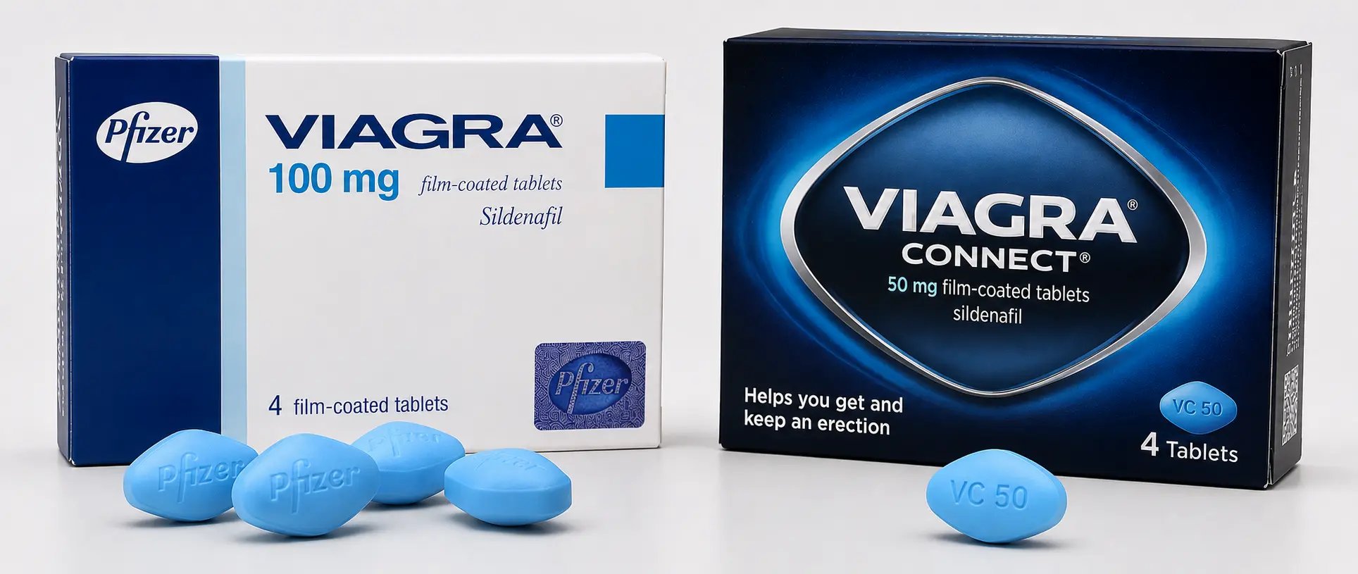 Viagra and Viagra Connect packages with blue tablets on a white background