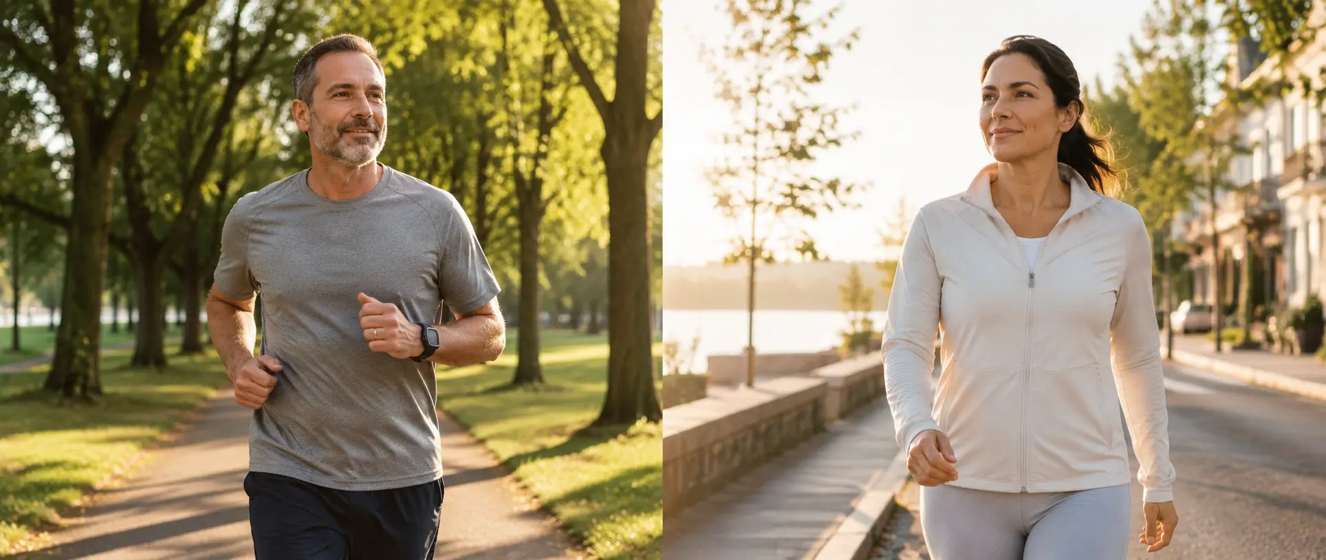 Un homme fait du jogging et une femme marche au soleil