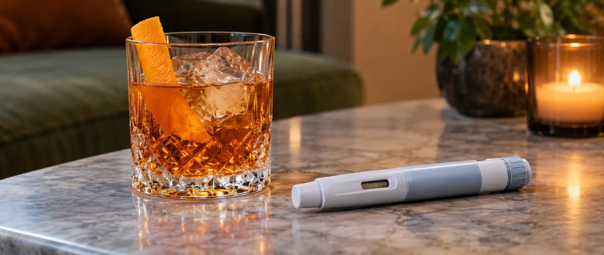 Alcoholic drink with ice sits next to an injection pen on a candlelit marble table.