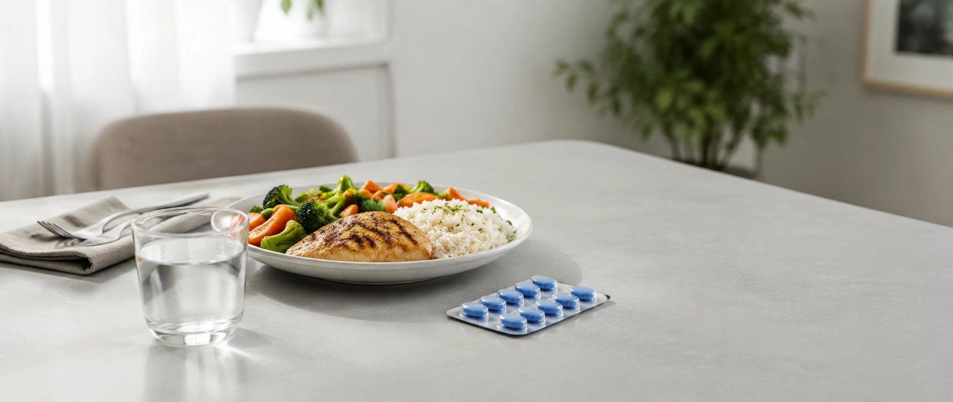 Blaue Tabletten und Essen auf dem Tisch