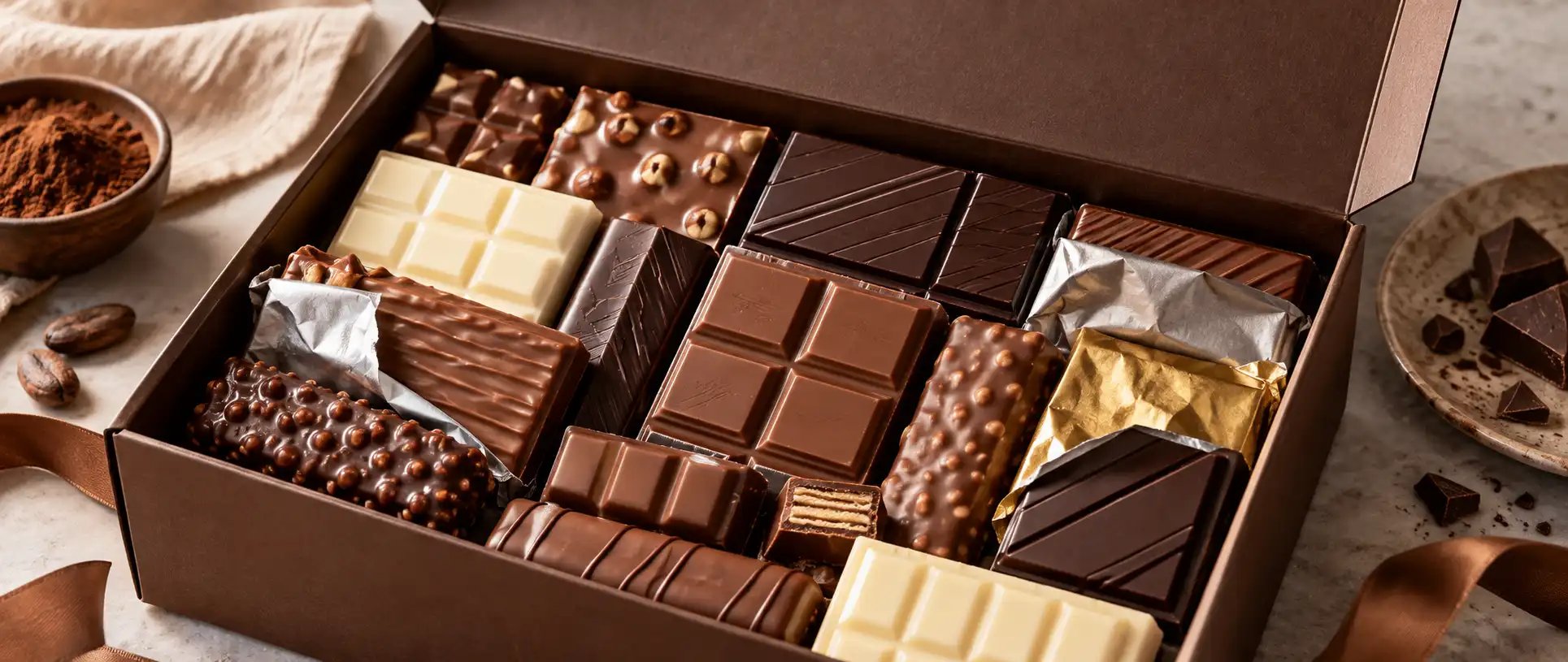 Schachtel mit verschiedenen Schokoladentafeln und Pralinen auf einer hellen Tischfl&auml;che.