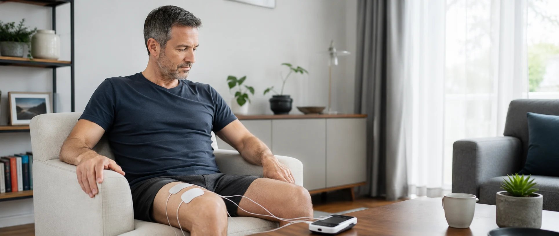 Mann nutzt ein Elektrostimulationsgerät am Bein zu Hause