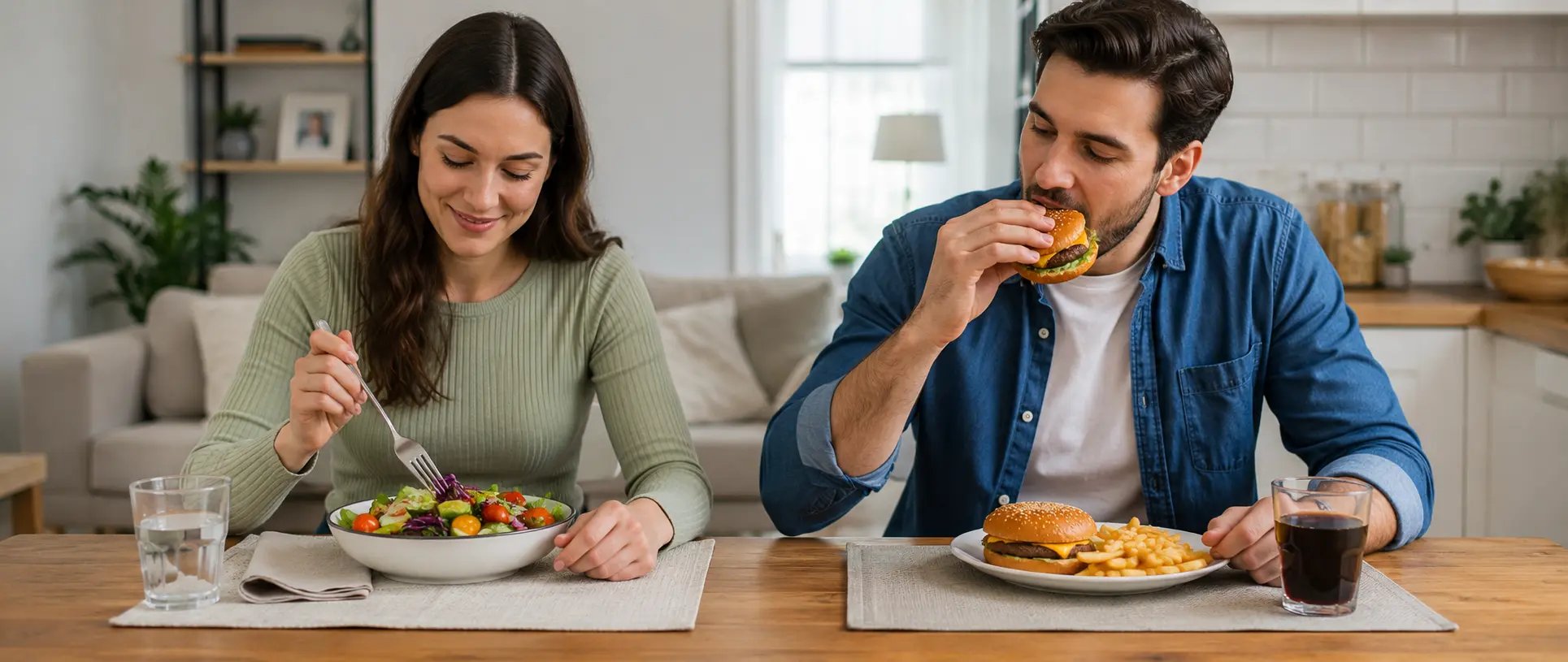 Eine Frau, die eine gesunde Mahlzeit isst, und ein Mann, der Fast Food isst