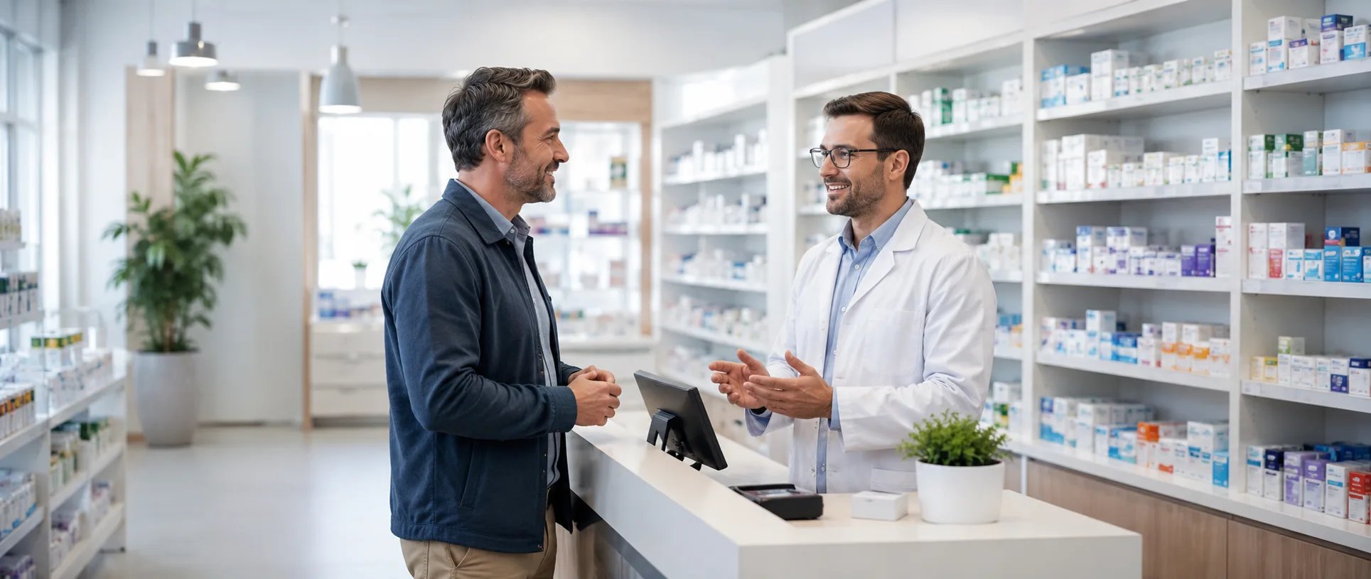 Um homem a falar com um farmac&ecirc;utico
