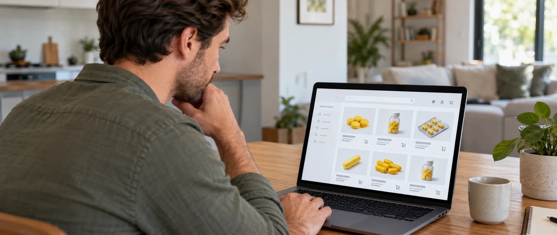 Mann durchsucht eine Online-Apotheke auf seinem Laptop, auf dessen Bildschirm gelbe Tabletten angezeigt werden.