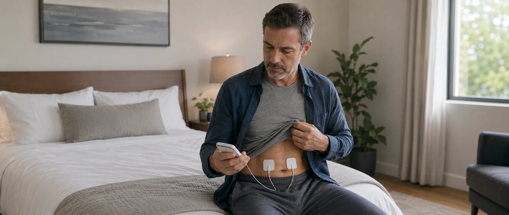 Mann kontrolliert Elektrostimulationspads am Bauch im Schlafzimmer