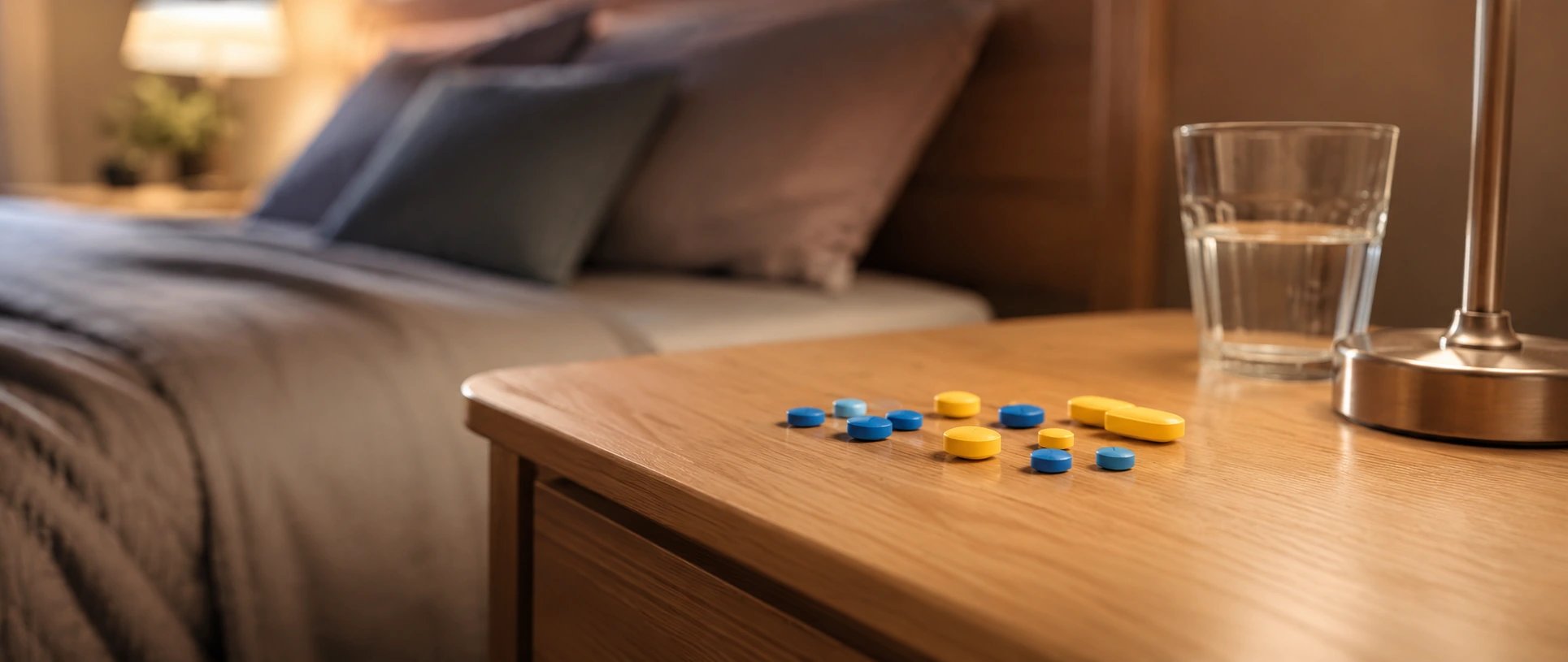 Yellow and blue pills on a bedside table