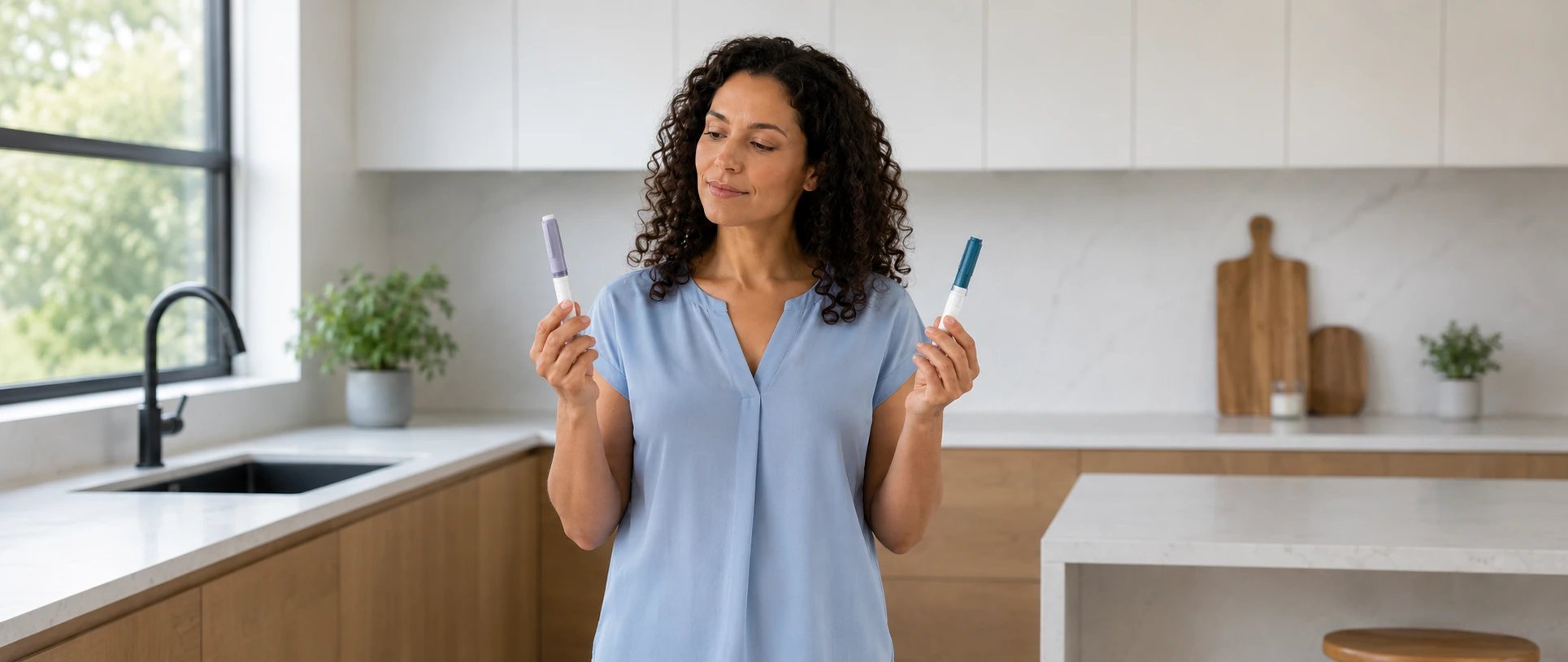 A woman holding two injection pens