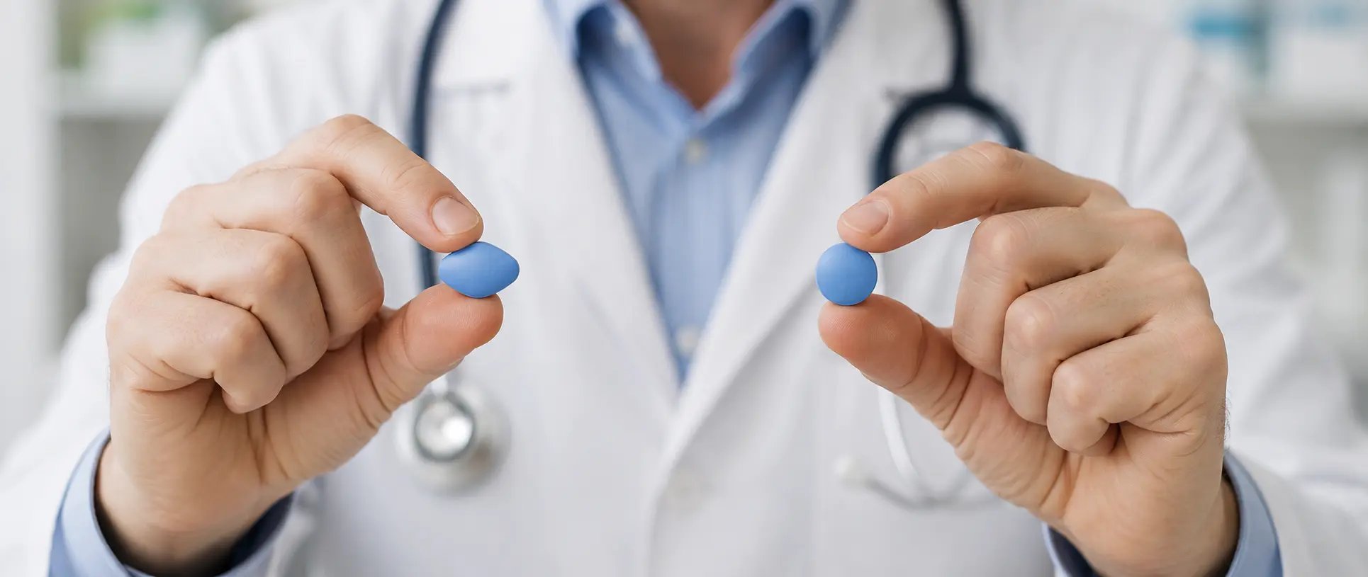 Doctor holding two different blue tablets for comparison