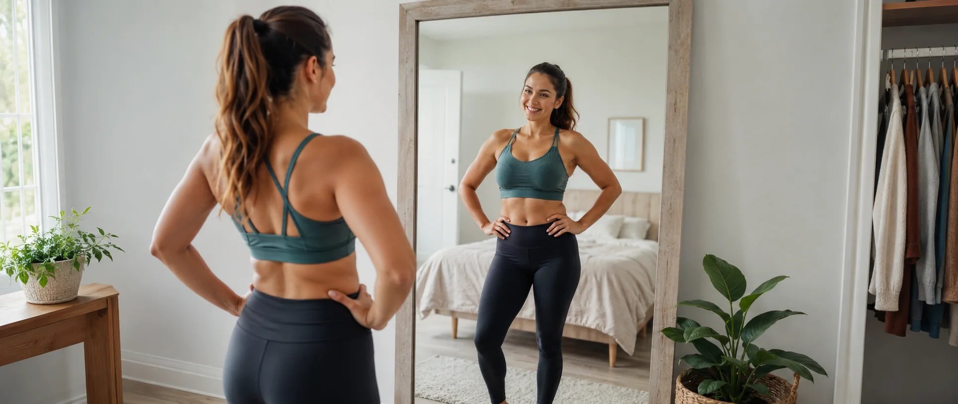A woman looking happy in the mirror