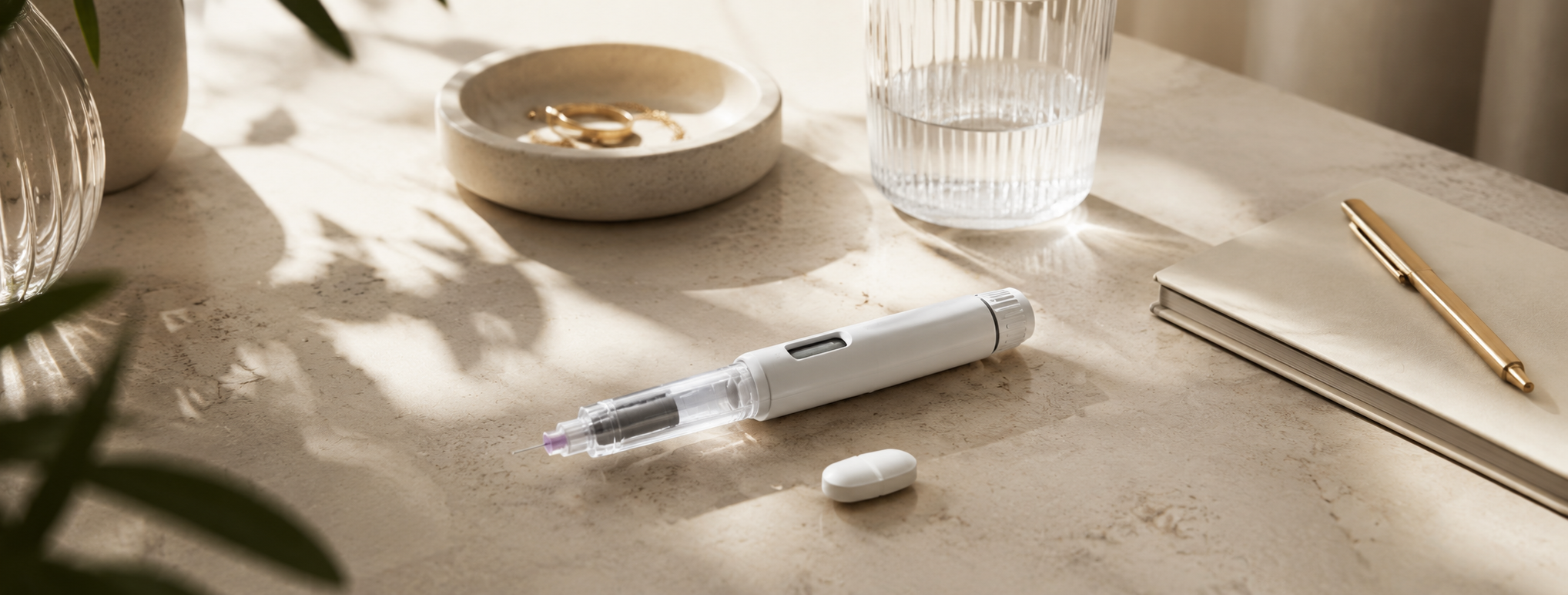 A table with an injection pen and a white pill