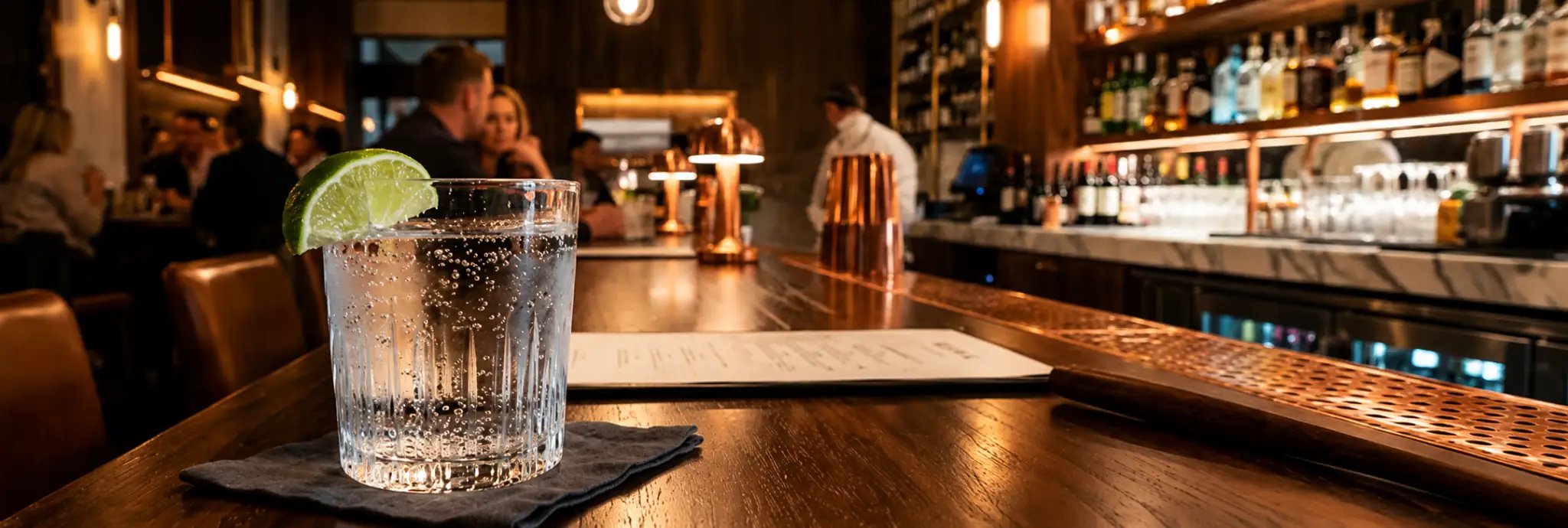 Sparkling water with lime served at a bar counter