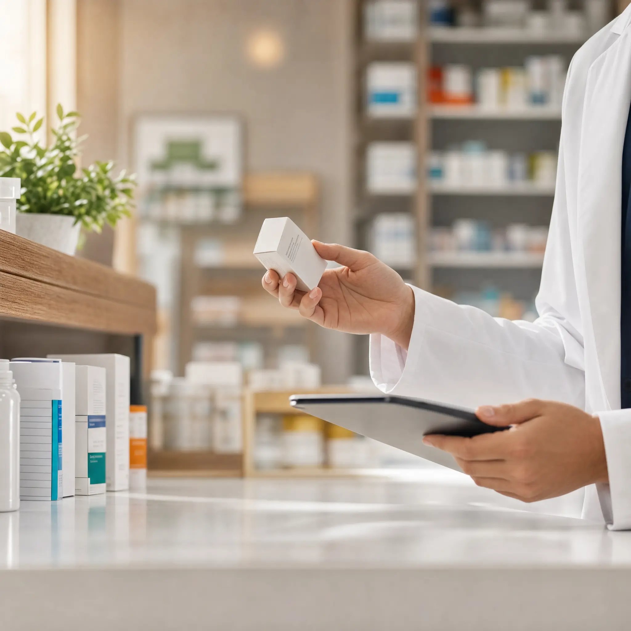 En farmaceut som kontrollerar läkemedelsförpackningar på ett modernt apotek