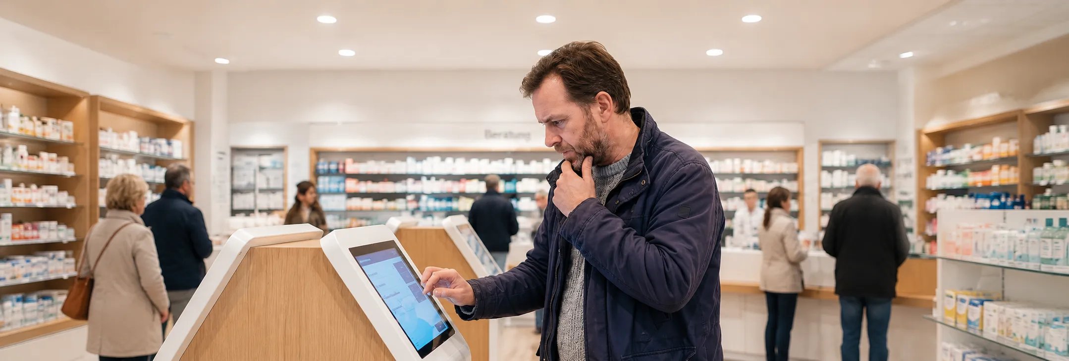 A man in a pharmacy line deciding what to buy