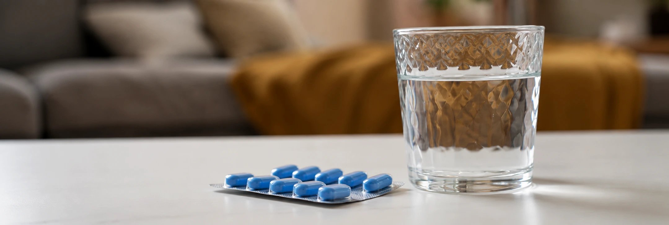 A glass of water beside a blister pack of blue pills on a table