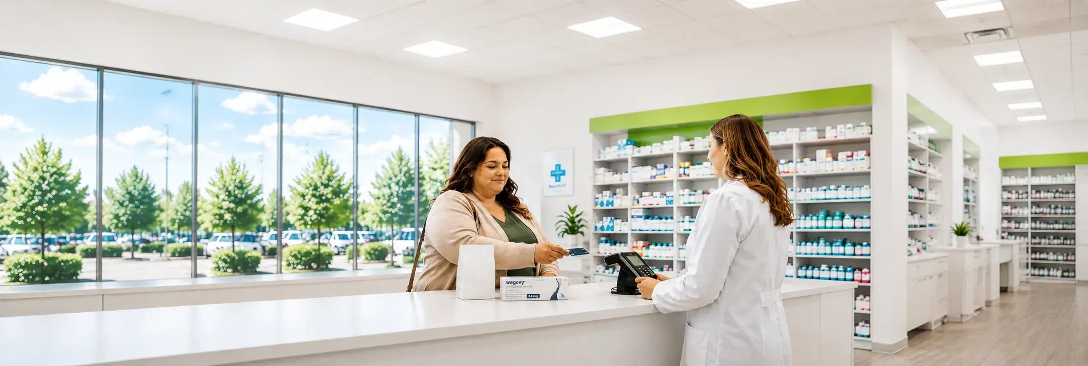 Eine Frau bezahlt in einer Apotheke mit Karte für Wegovy
