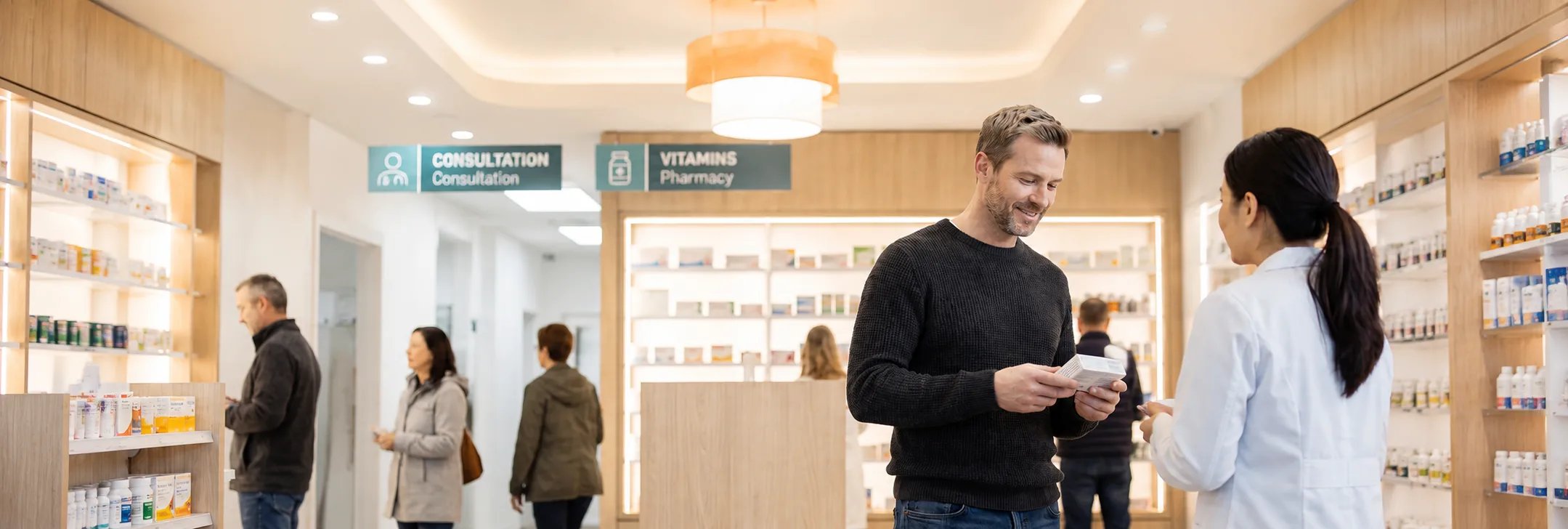 A man in a pharmacy holding medication