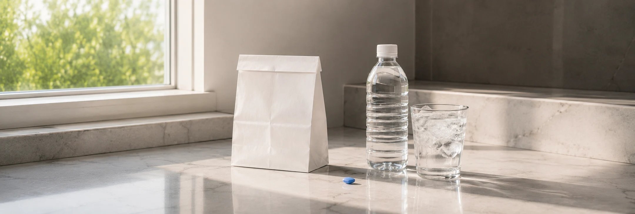 A blue pill pack on a marble table with a water bottle and a shopping bag