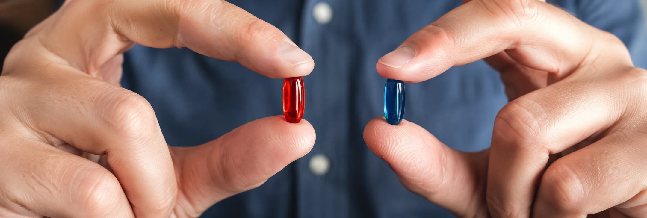 Un homme tenant des pilules rouges et bleues dans ses mains