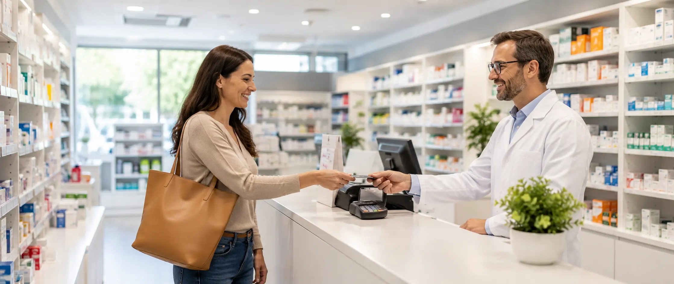 En kvinde køber medicin på et apotek