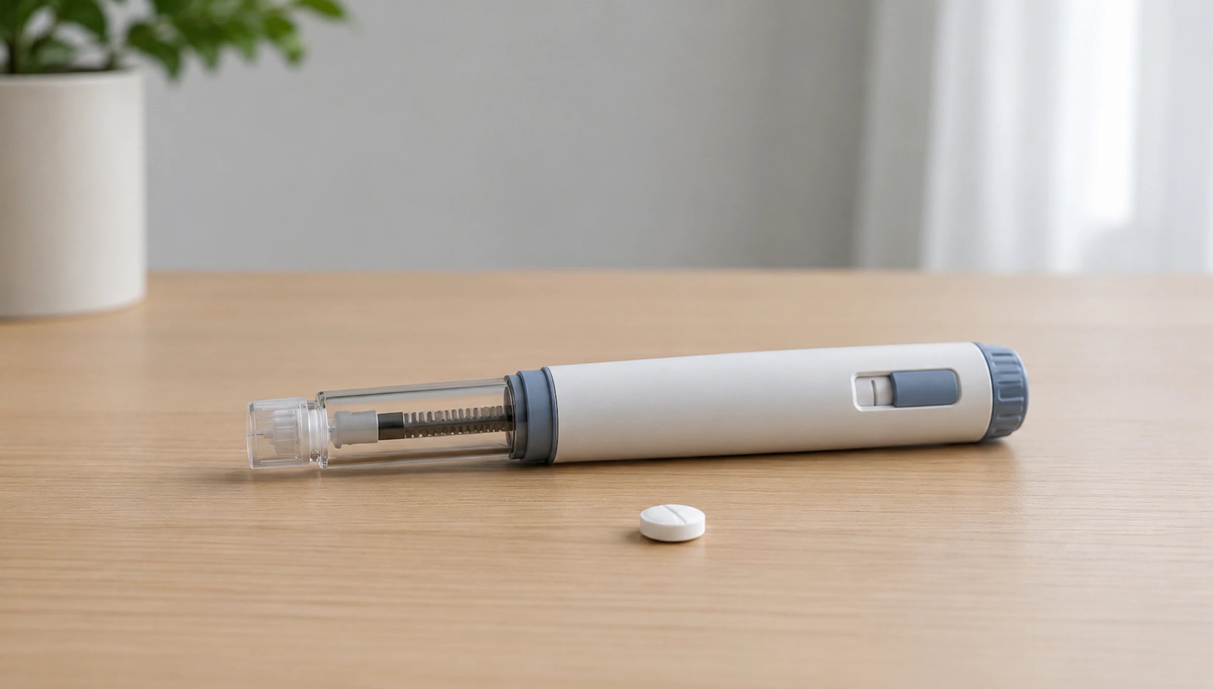 An injection pen and a pill on the table
