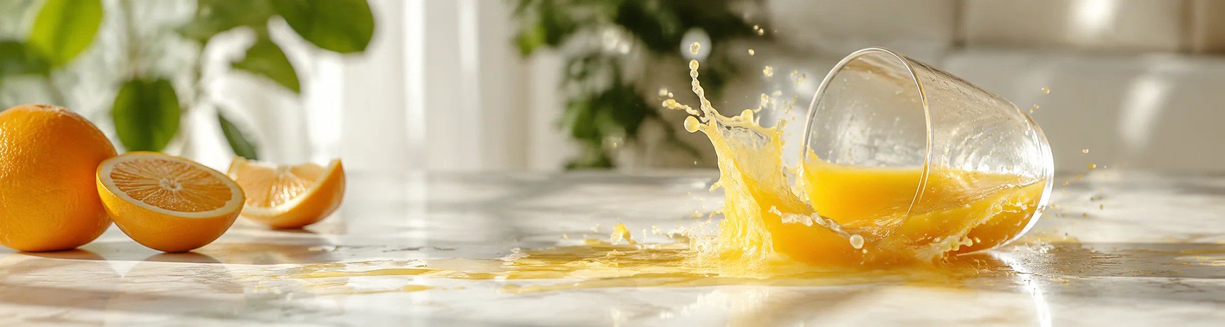Verschütteter Orangensaft spritzt aus einem umgekippten Glas neben frischen Orangen auf einer hellen Küchenarbeitsplatte