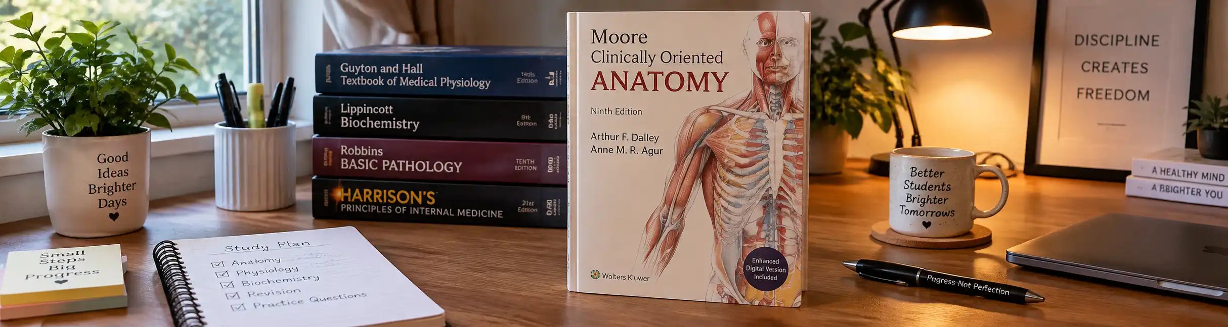 Anatomiebuch steht gut sichtbar vor einem Stapel medizinischer Fachbücher auf einem Schreibtisch.