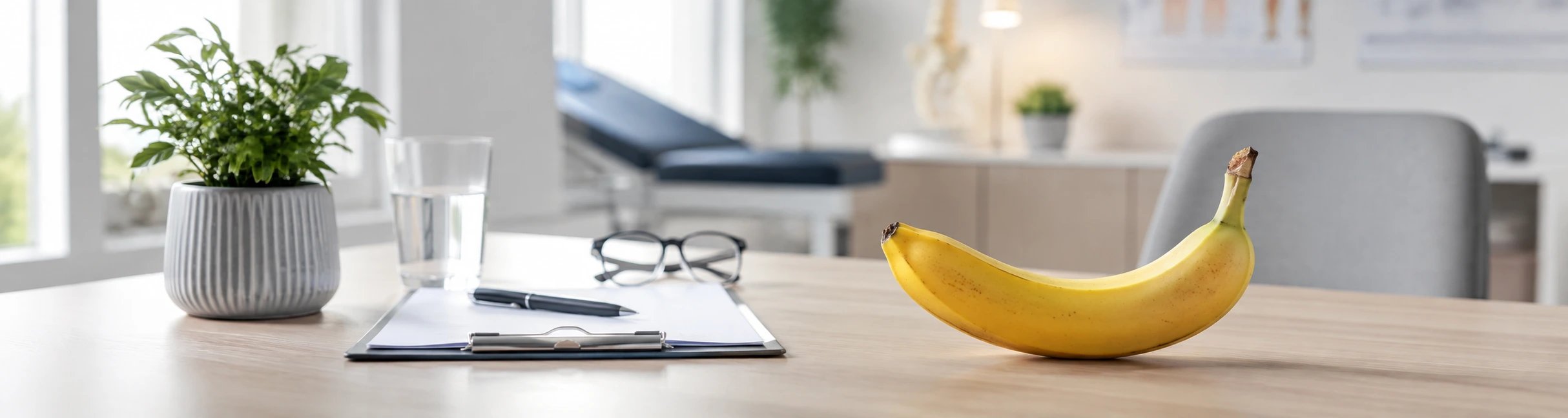 Banane liegt als dezente Symbolik auf einem Tisch in einer modernen Arztpraxis.