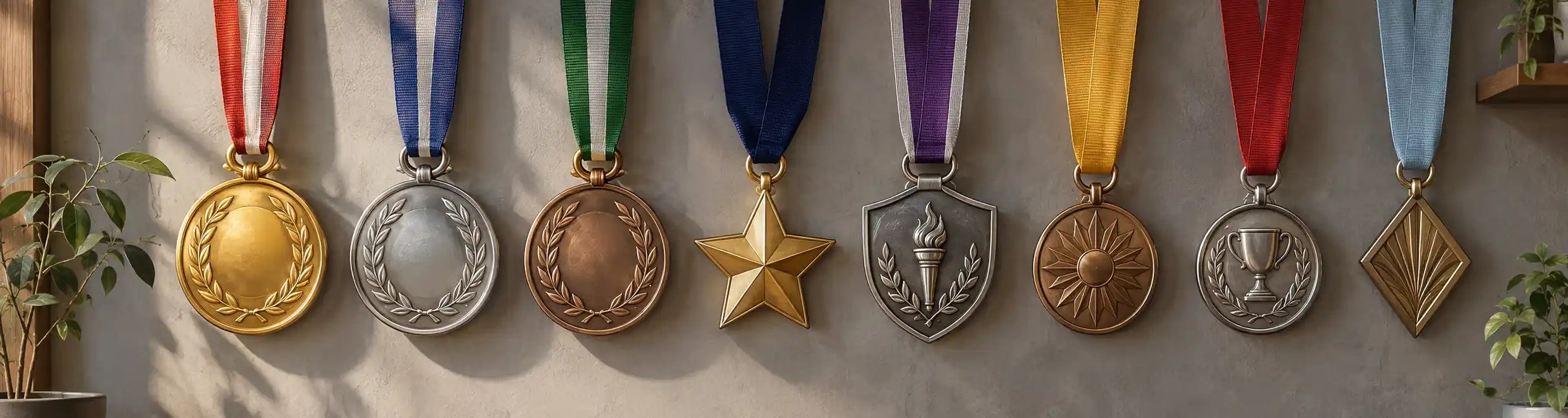 Væg med forskellige medaljer i flere niveauer og farver hængt op på bånd.