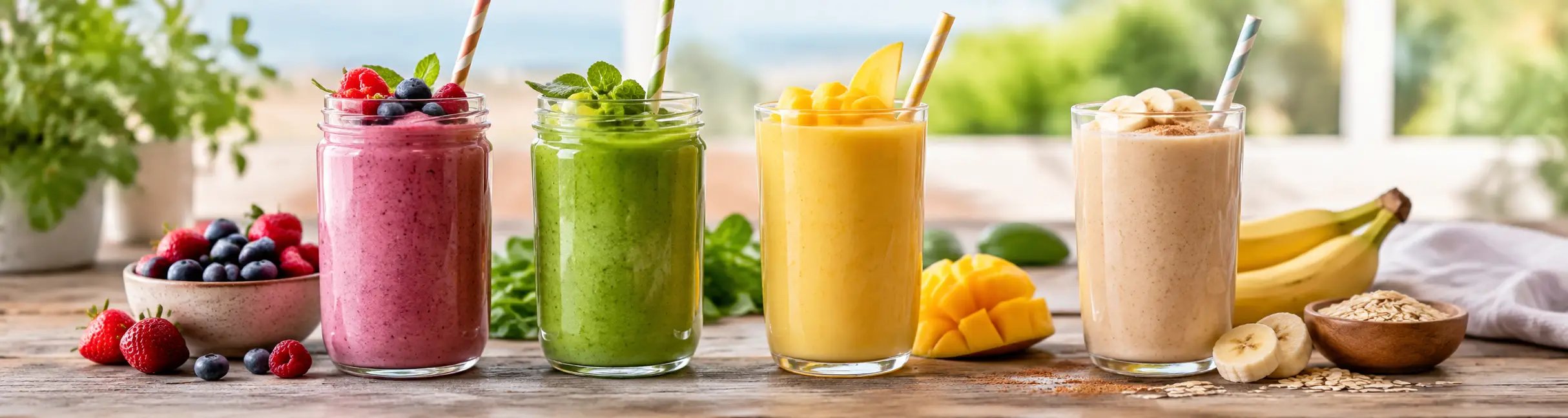 Verschiedene farbige Smoothies stehen mit frischem Obst auf einem Holztisch.