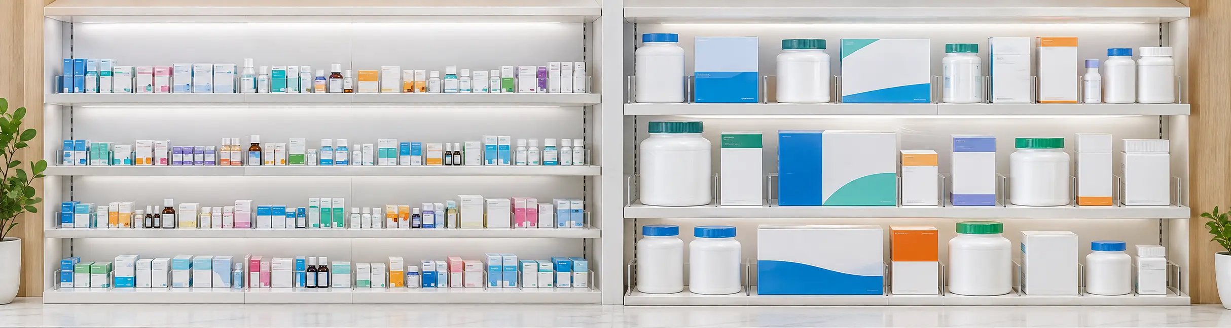 Apothekenregal mit kleineren Medikamentenpackungen auf der linken und größeren Packungen auf der rechten Seite.