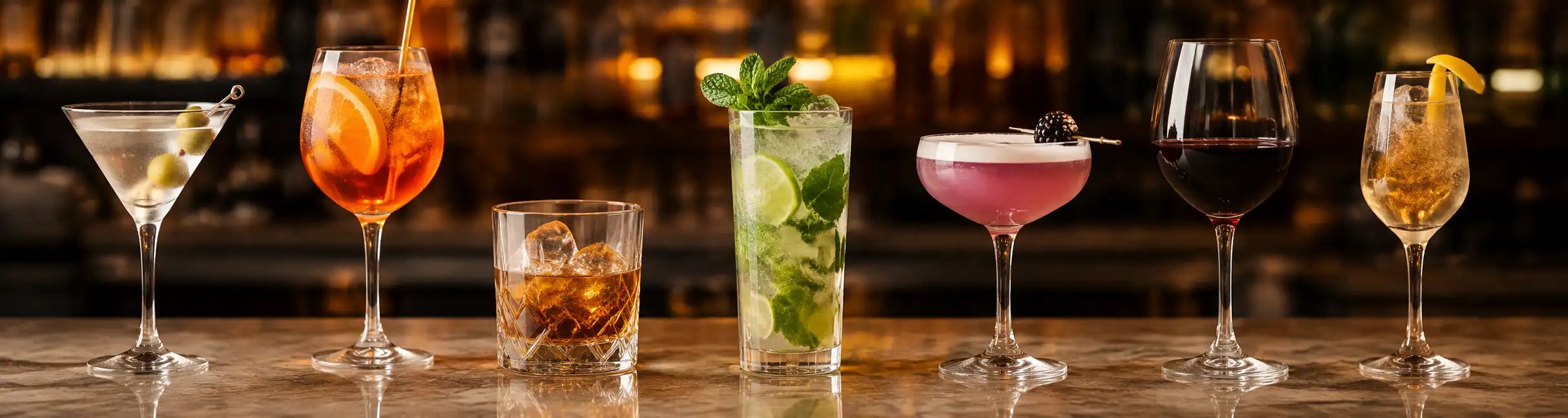 Verschiedene alkoholische Cocktails stehen in einer Bar auf einem Tisch