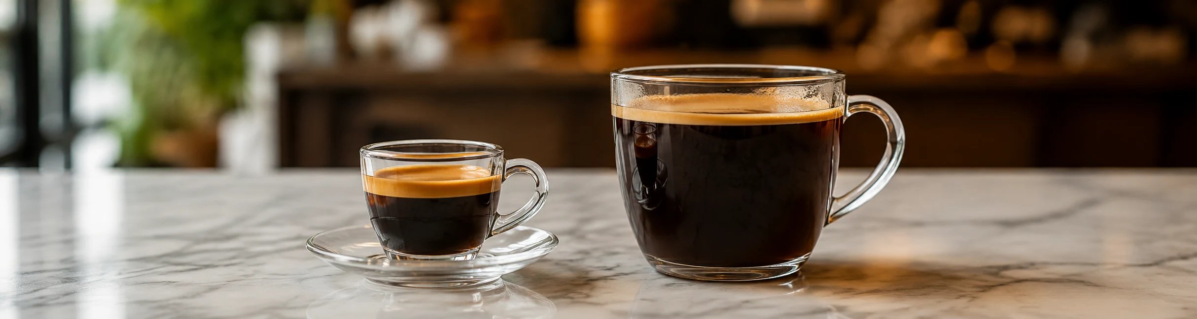 Espresso and americano sit side by side on a marble counter
