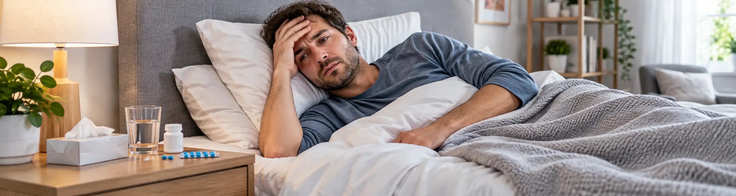 Mann liegt unwohl im Bett, während blaue Tabletten, Wasser und eine Medikamentenflasche auf dem Nachttisch stehen.
