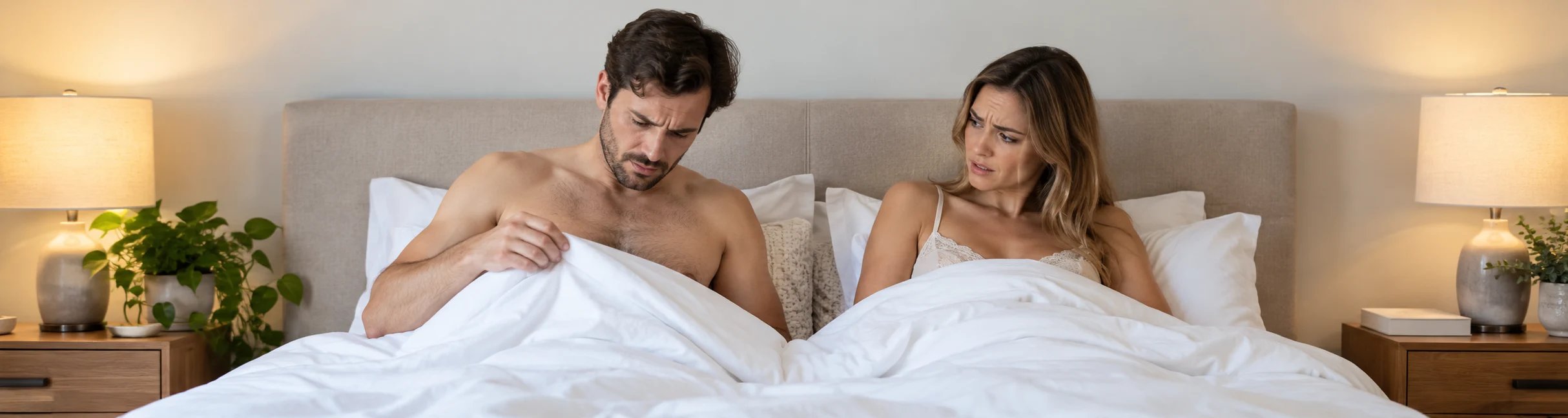 Homme inquiet regarde sous la couverture, tandis que sa partenaire le regarde avec confusion.