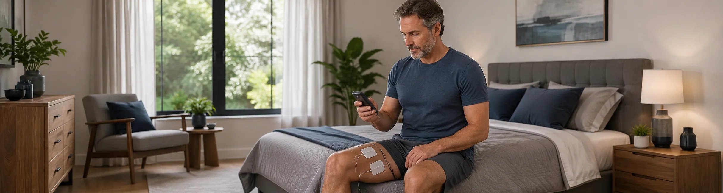 Mann sitzt im Schlafzimmer und nutzt ein Elektrostimulationsgerät