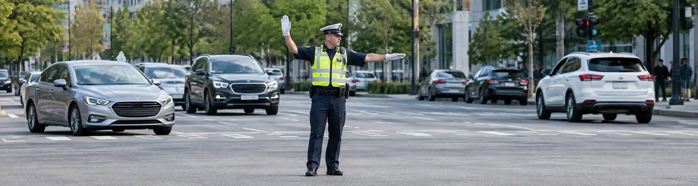 Verkehrsregler steht auf einer Straße und leitet den Stadtverkehr mit Handzeichen.