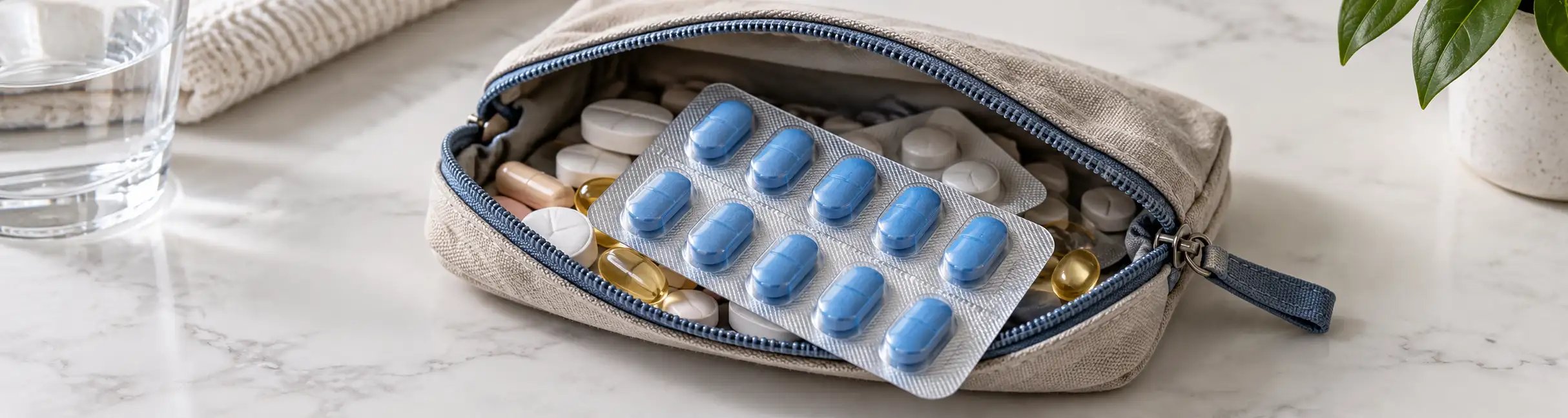 Geöffnete Medikamententasche mit verschiedenen Tabletten und Kapseln, auf denen eine Blisterpackung mit blauen Tabletten liegt.