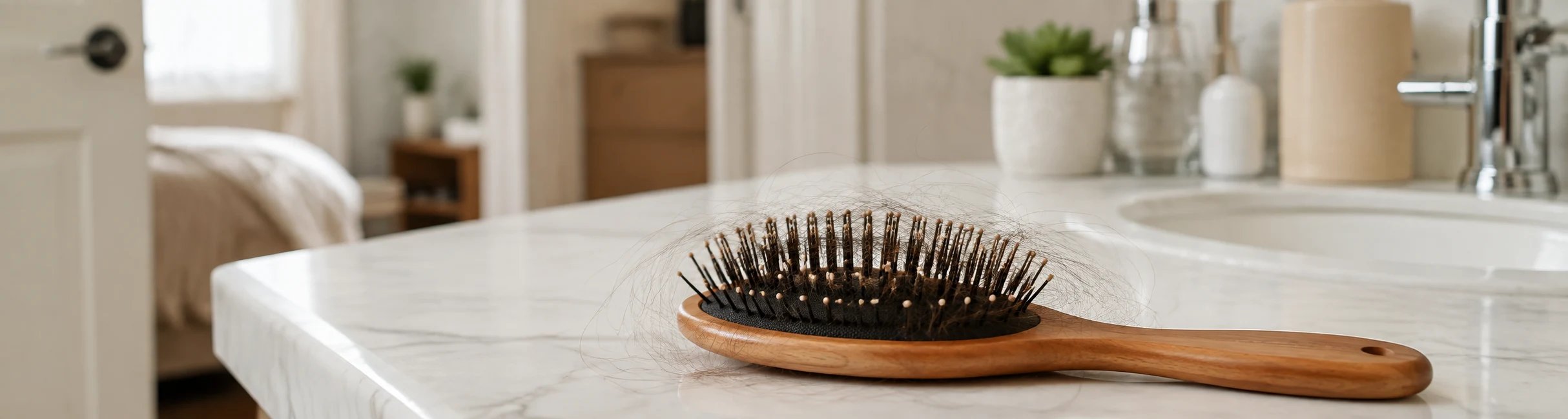 A hairbrush with hair on the table