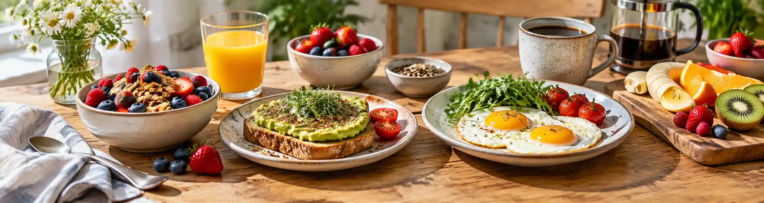Gesundes Frühstück mit Avocado-Toast, Spiegeleiern, Joghurt mit Beeren, Obst, Kaffee und Orangensaft auf einem Holztisch.