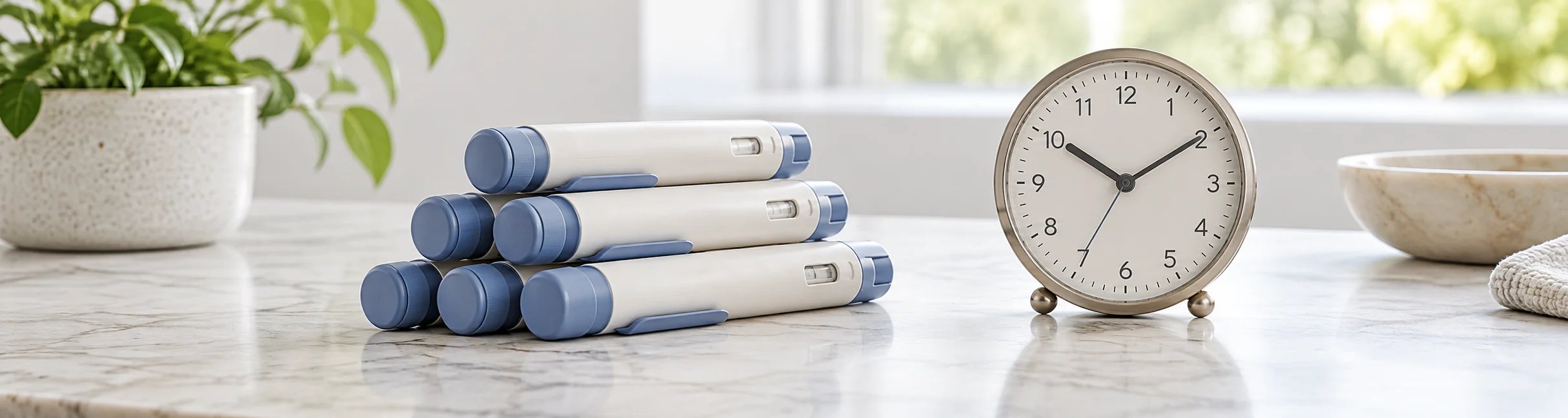 Injection pens are stacked like a pyramid next to a clock on a bright tabletop.