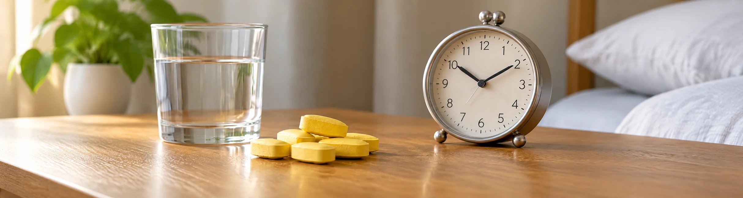 a yellow pill next to a clock on the table 