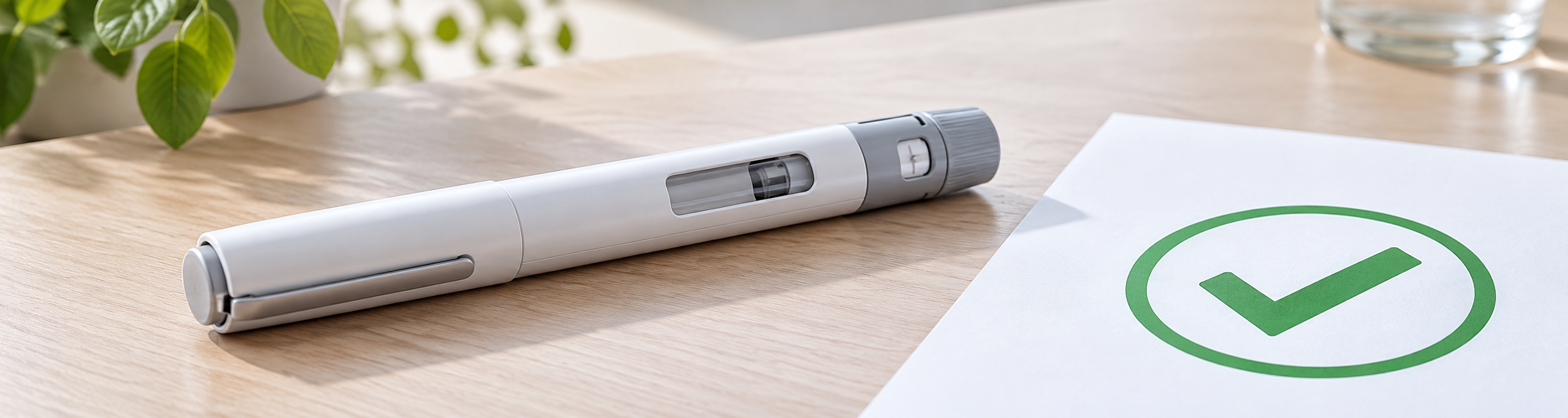 Injection pen lies next to a paper with a green approval check mark on a wooden table.