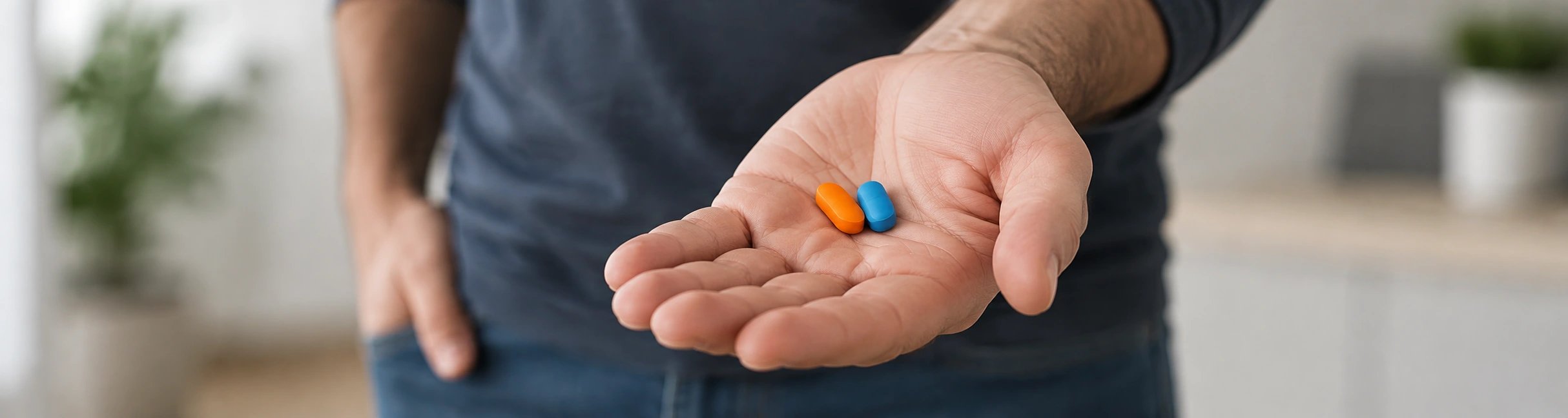 blue and orange pills in a man's hand